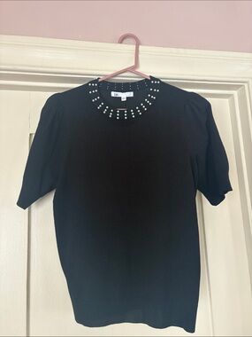 DR2 Black Short Sleeve Knit Top with Pearl Studs